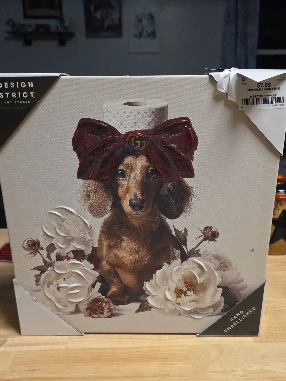 District Canvas Art — Brown Dachshund with Burgundy Bow